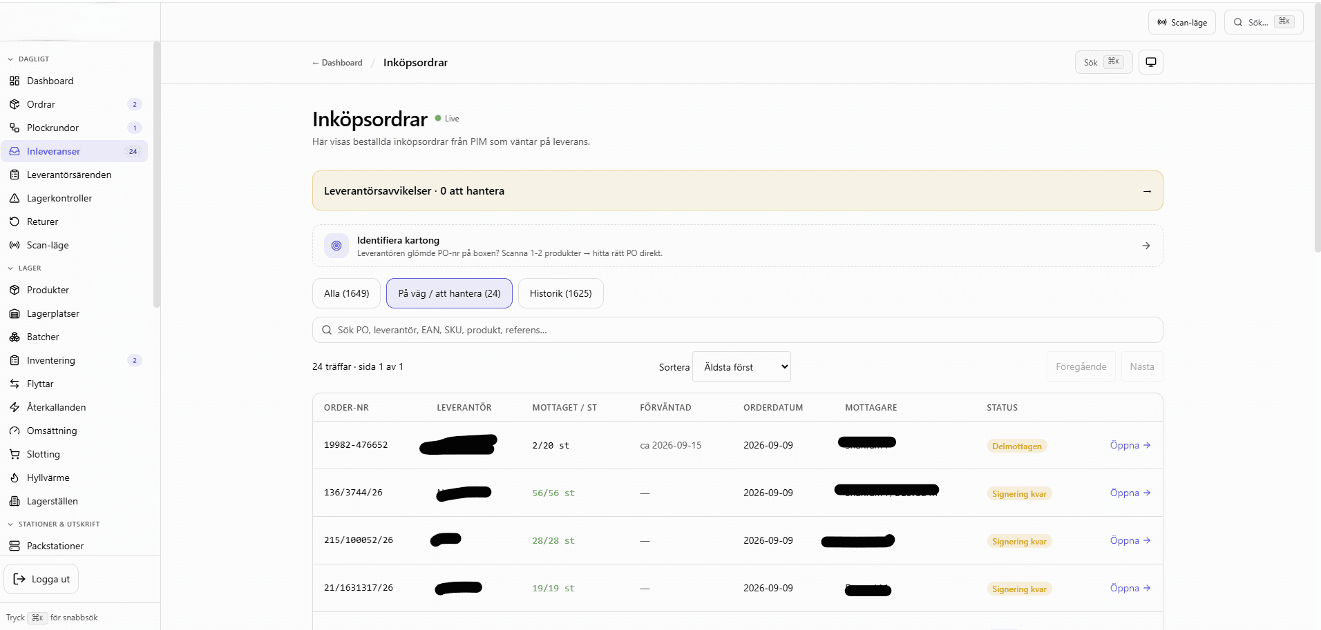 Inköpsordrar i Inventelo med mottaget antal, förväntat datum och status