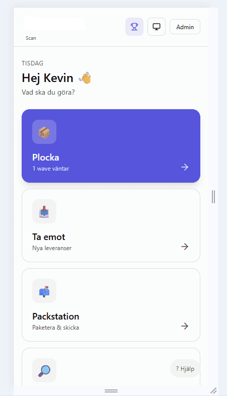 Inventelo Scan på en mobil handenhet med val för plock, inleverans och pack